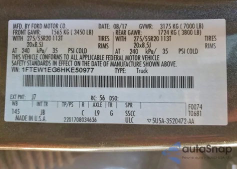 2017 Ford F150 Supercrew z USA, uszkodzony, nr VIN 1FTEW1EG6HKE50977